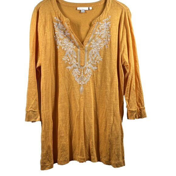 Chico's Tops - Chicos Women's Top Large 100%‎ Linen Yellow Embroidered Bohemia 3/4 Sleeve Light